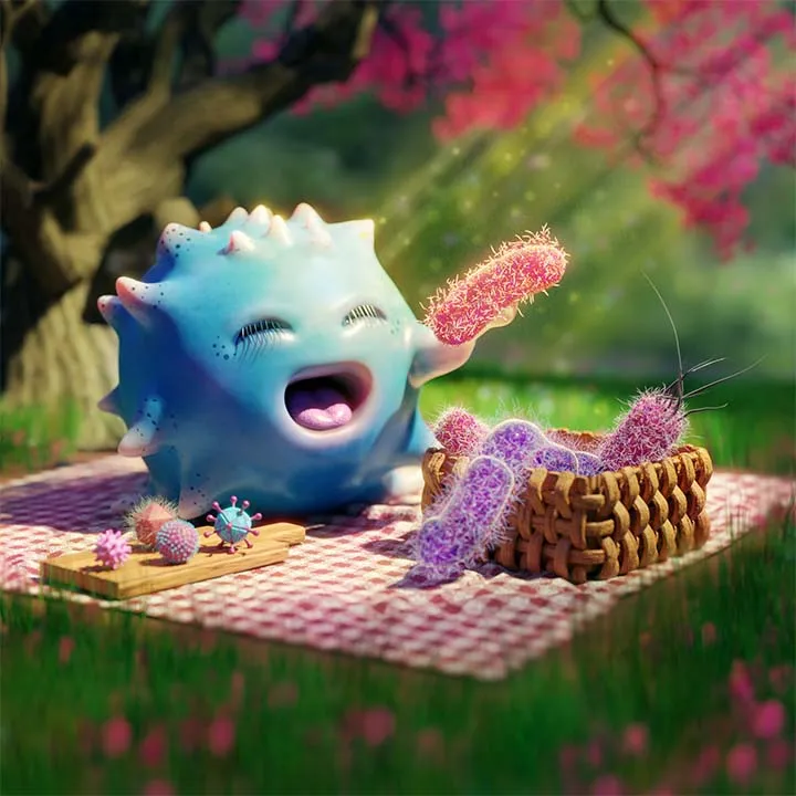 Macrophage having a picnic, enjoying some bacteria and viruses.