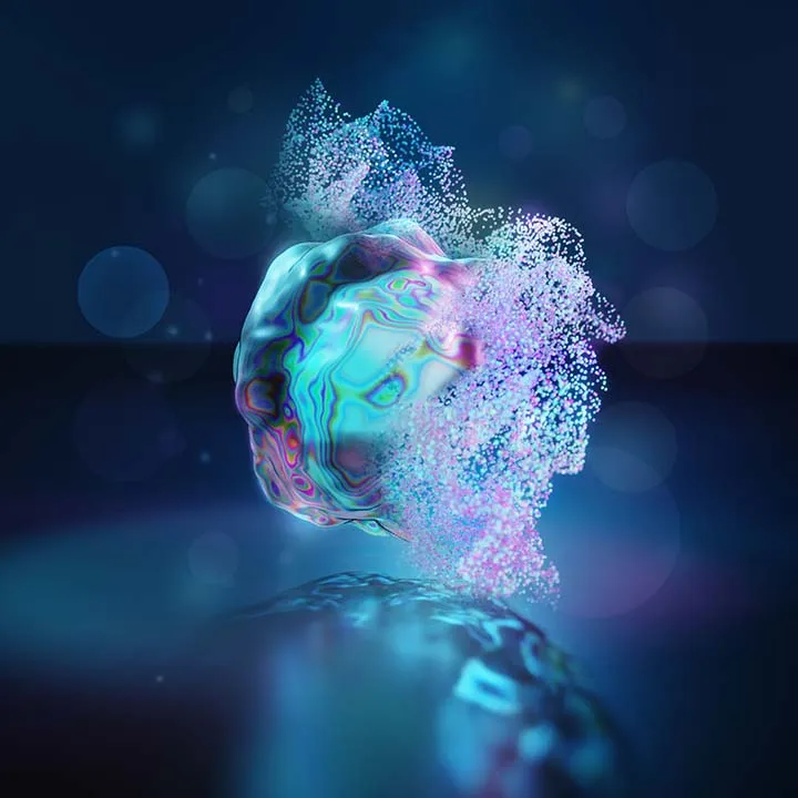 Pluripotent cell morphing into a cloud of particles, representing differentiation